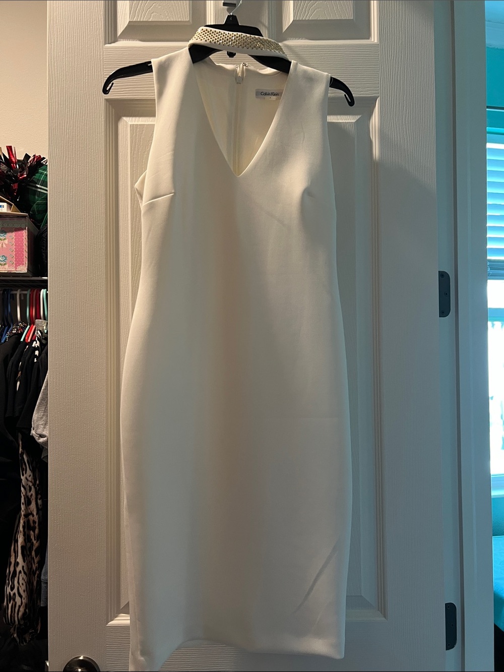 Calvin Klein Cream V-Neck Sheath Dress with Gold Embellishment